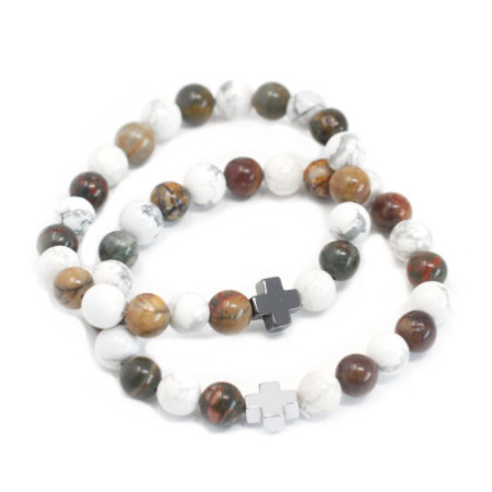 Lot de 2 bracelets d'amitié en pierres précieuses - Paix - Jaspe Picasso et Howlite blanche