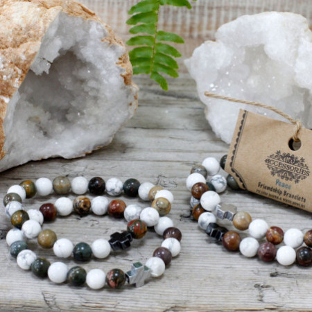 Lot de 2 bracelets d'amitié en pierres précieuses - Paix - Jaspe Picasso et Howlite blanche