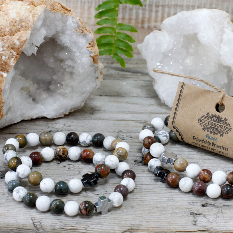 Lot de 2 bracelets d'amitié en pierres précieuses - Paix - Jaspe Picasso et Howlite blanche
