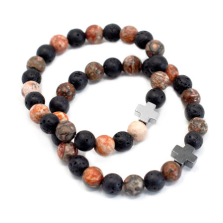 Lot de 2 bracelets d'amitié en pierres précieuses - Éternité - Jaspe peau de léopard et pierre de lave