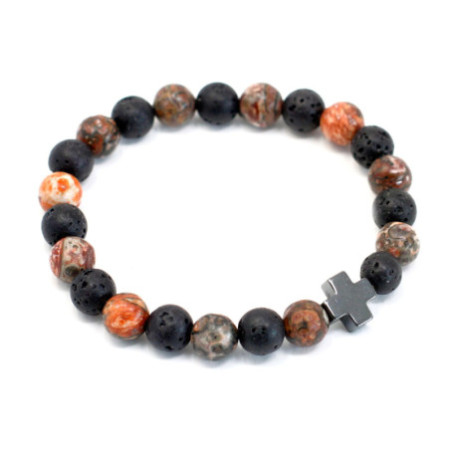 Lot de 2 bracelets d'amitié en pierres précieuses - Éternité - Jaspe peau de léopard et pierre de lave