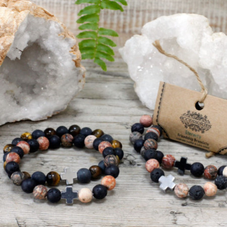 Lot de 2 bracelets d'amitié en pierres précieuses - Éternité - Jaspe peau de léopard et pierre de lave
