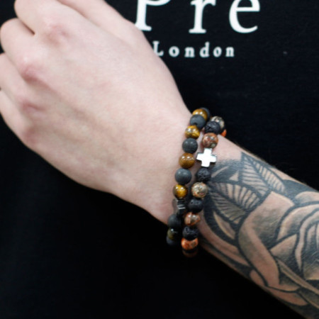 Lot de 2 bracelets d'amitié en pierres précieuses - Éternité - Jaspe peau de léopard et pierre de lave