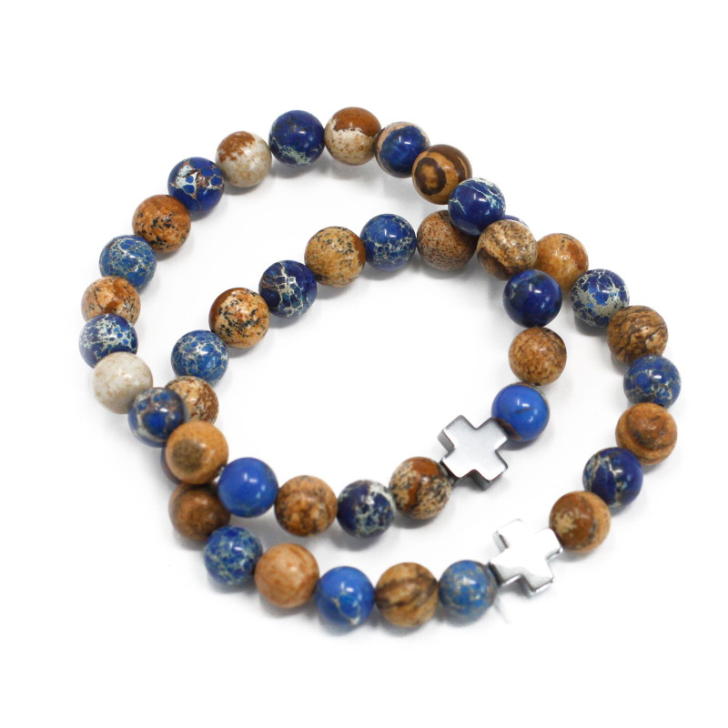 Lot de 2 bracelets d'amitié en pierres précieuses - Support - Sodalite et Picturestone