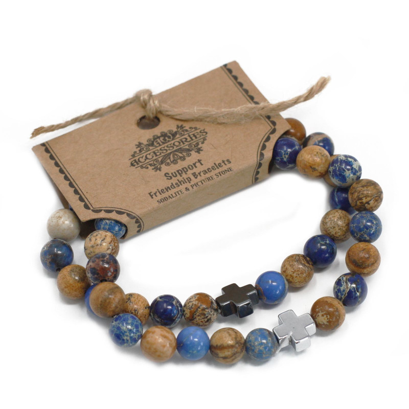 Lot de 2 bracelets d'amitié en pierres précieuses - Support - Sodalite et Picturestone