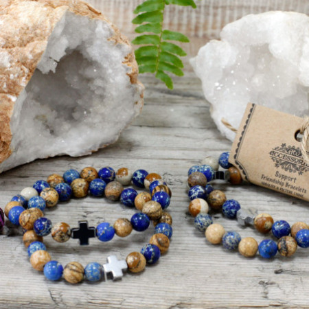 Lot de 2 bracelets d'amitié en pierres précieuses - Support - Sodalite et Picturestone