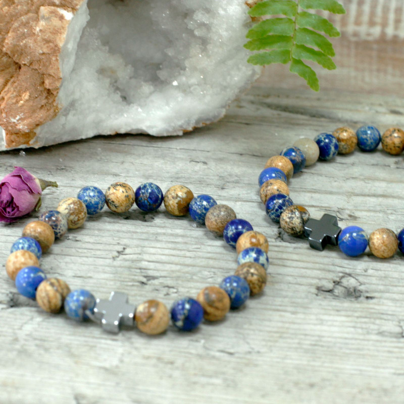 Lot de 2 bracelets d'amitié en pierres précieuses - Support - Sodalite et Picturestone