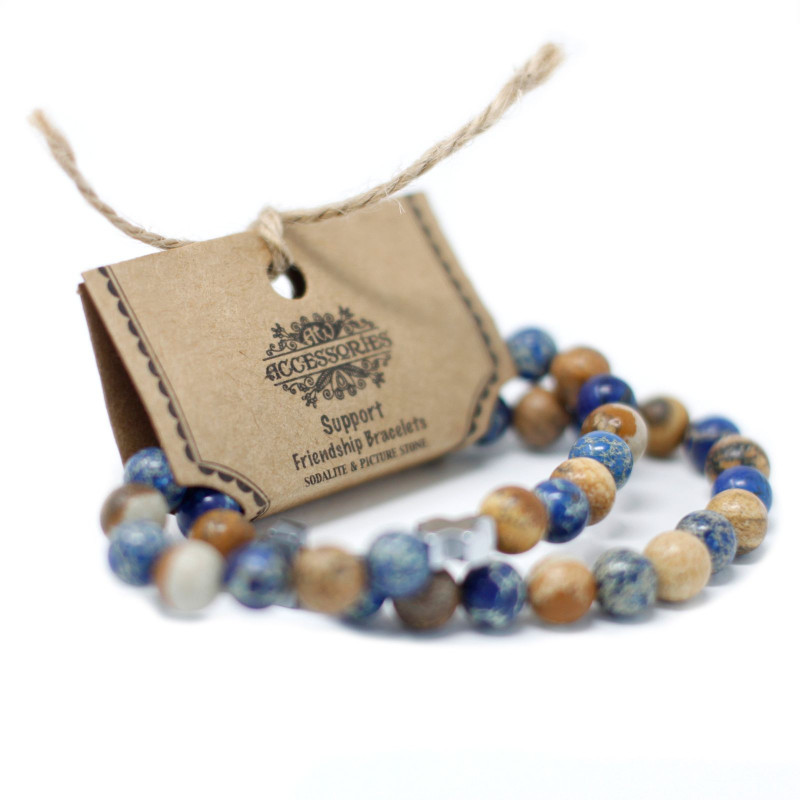 Lot de 2 bracelets d'amitié en pierres précieuses - Support - Sodalite et Picturestone