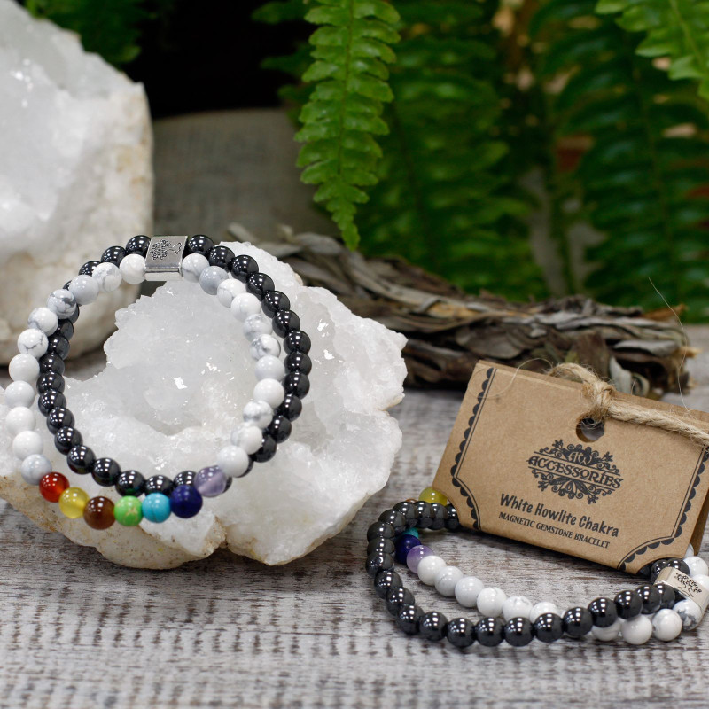 Bracelet magnétique en pierres précieuses - Howlite blanche