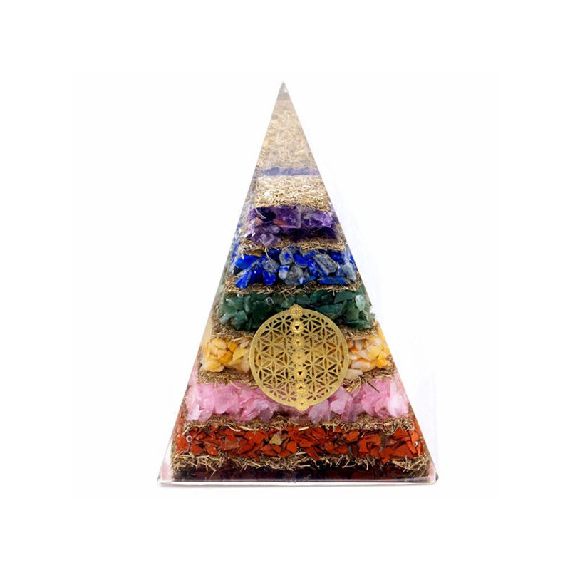 Pyramide d'orgonite - Fleur de vie des sept chakras - 70 mm