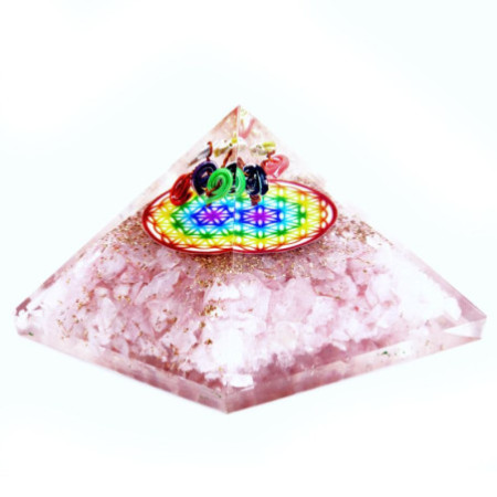 Pyramide Orgonite - Quartz Rose Fleur de Vie Arc-en-ciel - 70 mm