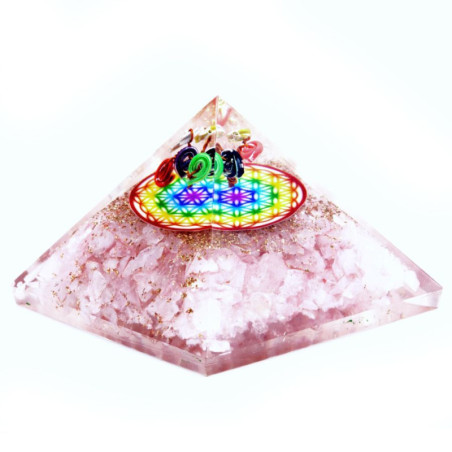 Pyramide Orgonite - Quartz Rose Fleur de Vie Arc-en-ciel - 70 mm