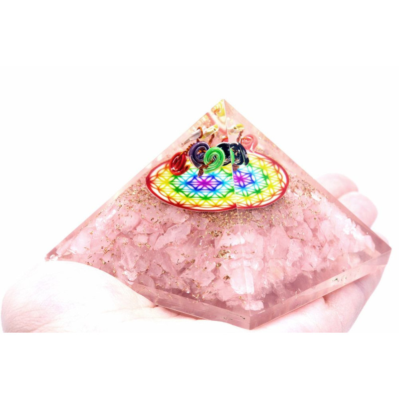Pyramide Orgonite - Quartz Rose Fleur de Vie Arc-en-ciel - 70 mm