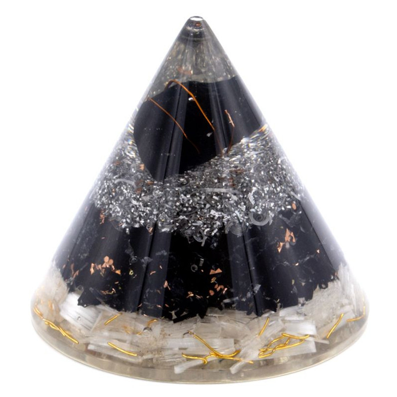 Cône d'orgonite - Sélénite et cuivre toumaline noir - 90 mm
