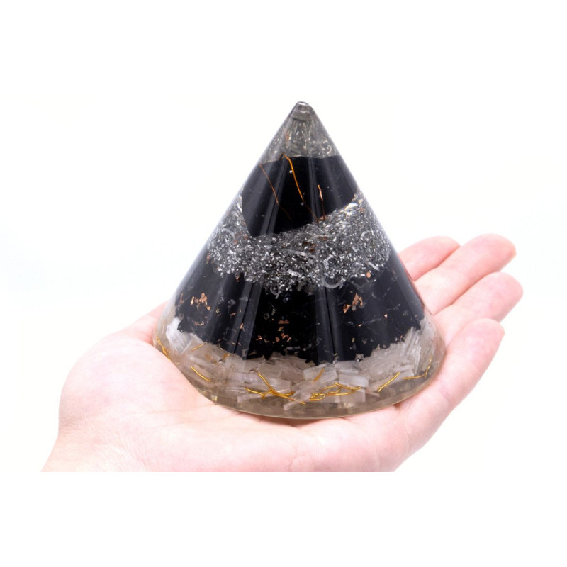Cône d'orgonite - Sélénite et cuivre toumaline noir - 90 mm