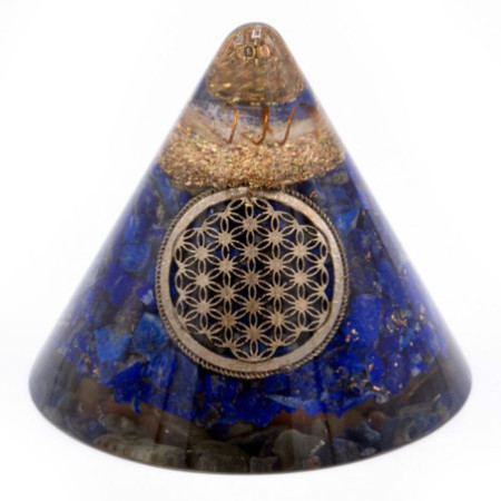 Cône d'orgonite - Fleur de vie en lapis-lazuli - Quartz suspendu - 90 mm