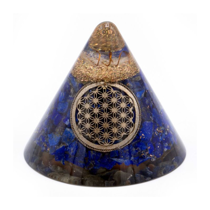 Cône d'orgonite - Fleur de vie en lapis-lazuli - Quartz suspendu - 90 mm