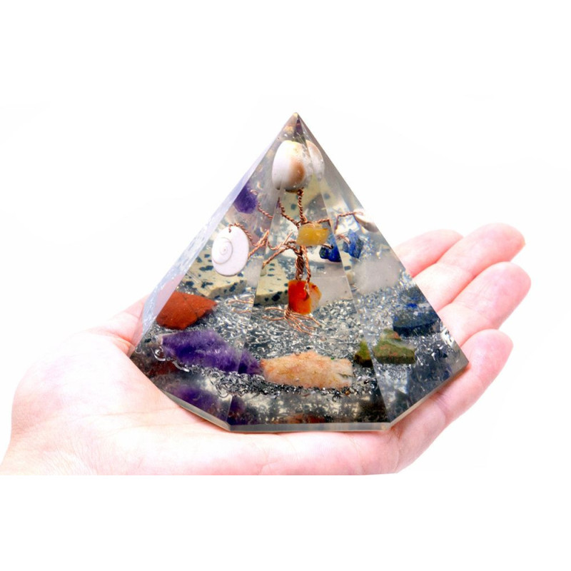 Pyramide à 7 faces en orgonite - Arbre de la sagesse en pierres précieuses - 90 mm