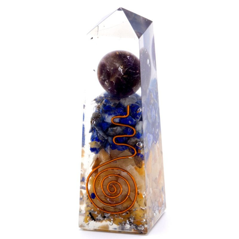 Orgonite Obélisque Power Point Cuivre, Lapis et Aventurine Jaune - 90x25 mm