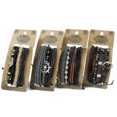 Ensembles de bracelets pour hommes - Métal et cuir (assorti)
