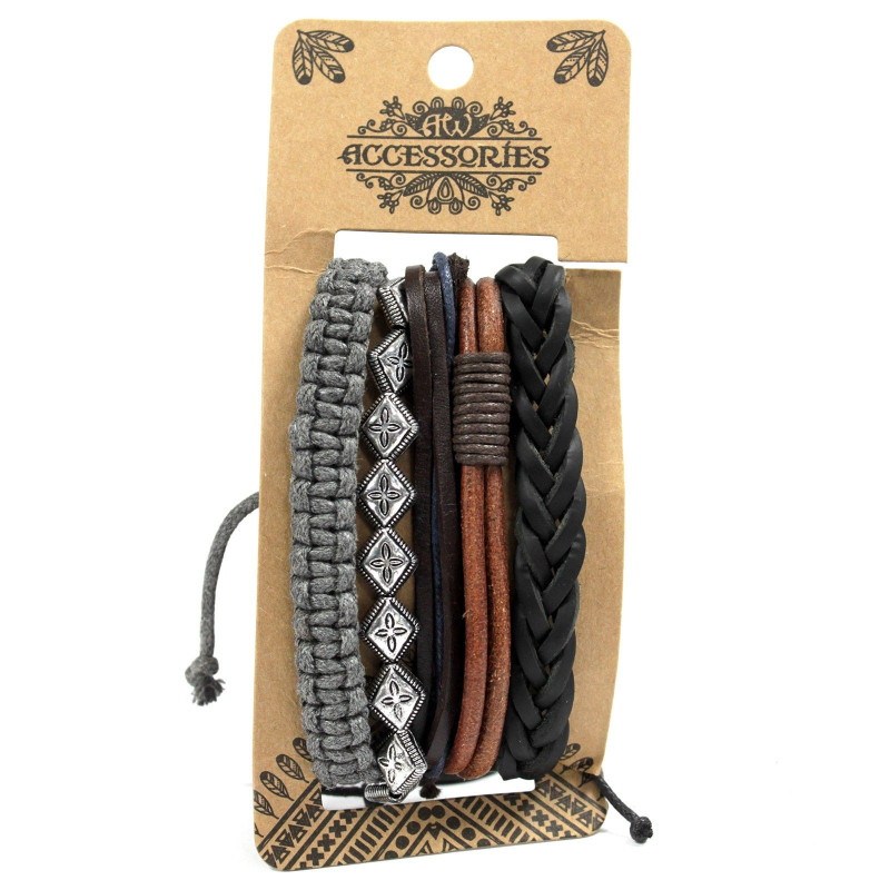 Ensembles de bracelets pour hommes - Métal et cuir (assorti)