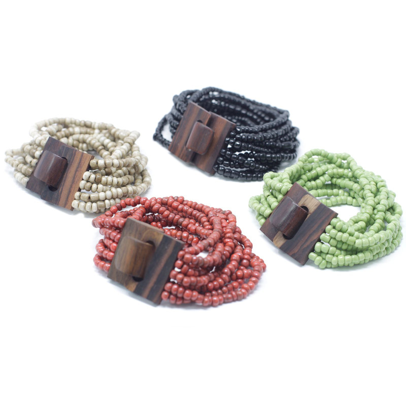 Bracelet jonc multi-perles avec fermoir en bois - Couleurs assorties