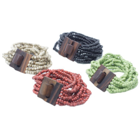 Bracelet jonc multi-perles avec fermoir en bois - Couleurs assorties