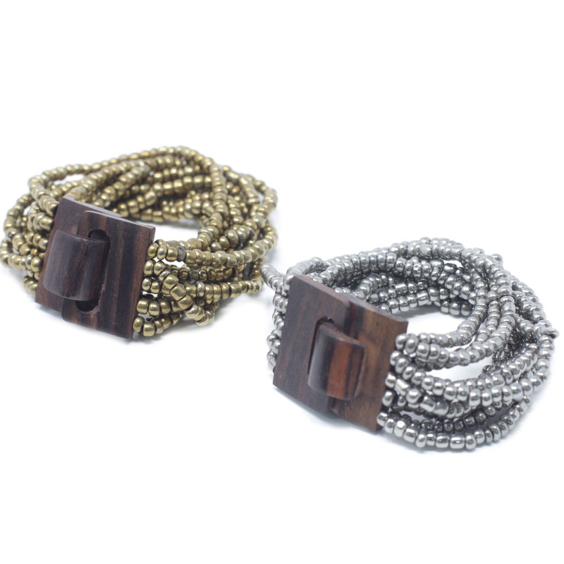 Bracelet jonc multi-perles avec fermoir en bois - Assortiment or/bronze