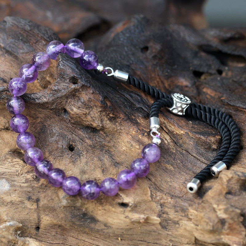 Bracelet en fil noir plaqué argent 925 avec pierres précieuses - Améthyste
