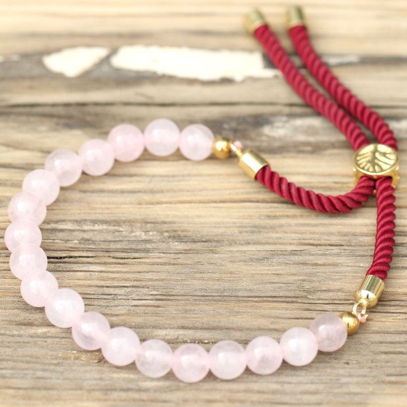 Bracelet cordon bordeaux plaqué or 18 carats avec pierres précieuses - Quartz rose