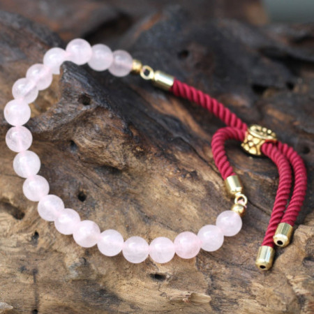 Bracelet cordon bordeaux plaqué or 18 carats avec pierres précieuses - Quartz rose