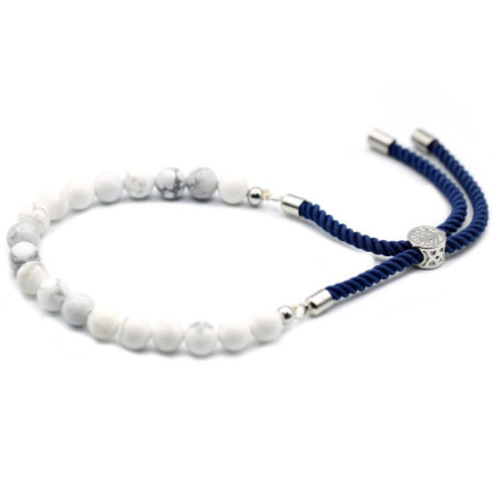 Bracelet en fil bleu marine plaqué argent 925 avec pierres précieuses - Howlite blanche