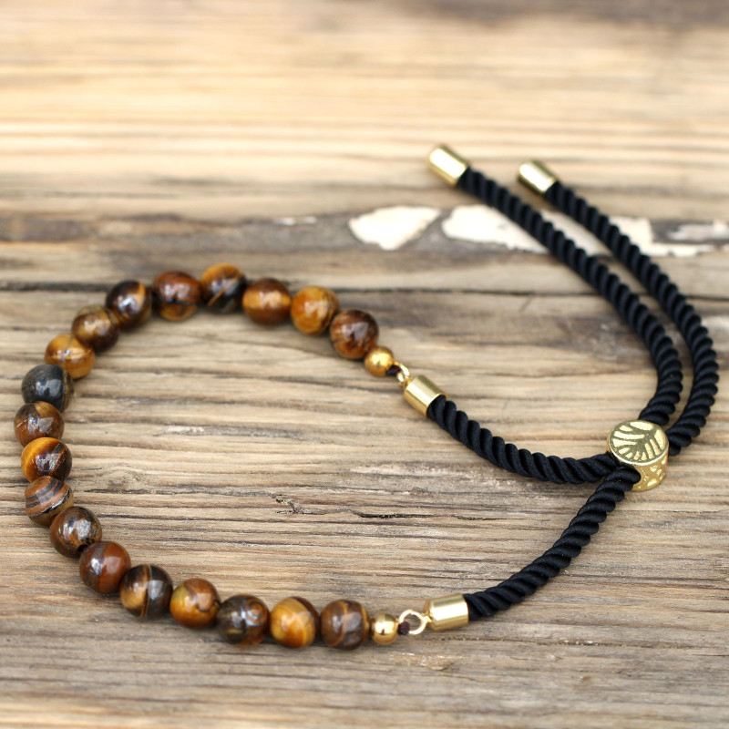 Bracelet en fil noir plaqué or 18 carats avec pierres précieuses - œil de tigre