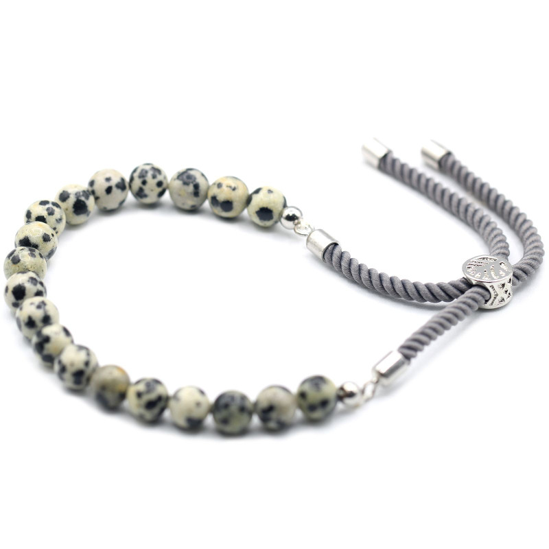Bracelet en fil de charbon de bois plaqué argent 925 avec pierres précieuses - Jaspe Dalmatien