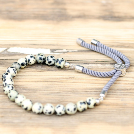 Bracelet en fil de charbon de bois plaqué argent 925 avec pierres précieuses - Jaspe Dalmatien
