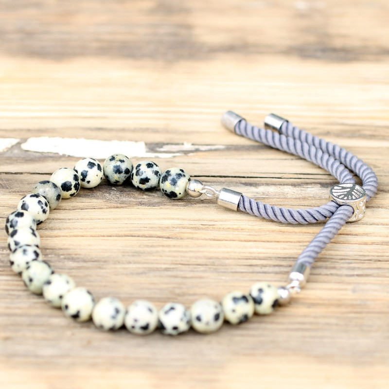 Bracelet en fil de charbon de bois plaqué argent 925 avec pierres précieuses - Jaspe Dalmatien