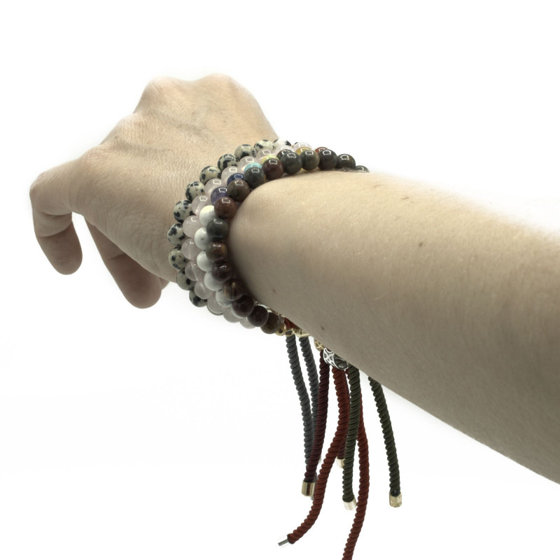 Bracelet en fil de charbon de bois plaqué argent 925 avec pierres précieuses - Jaspe Dalmatien