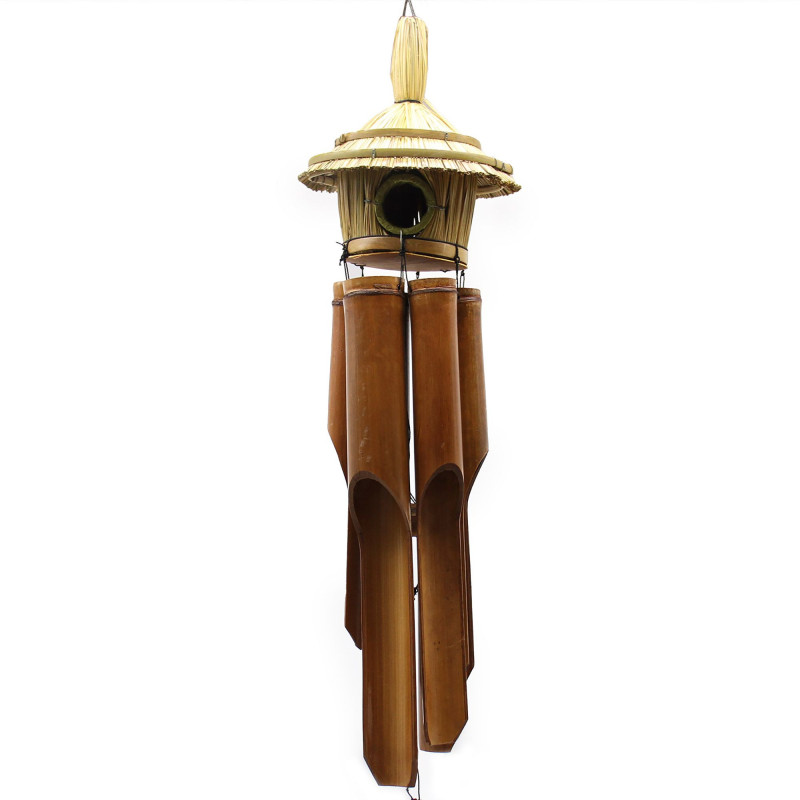 Grand nichoir rond en jonc de mer avec carillons 56 x 20 cm