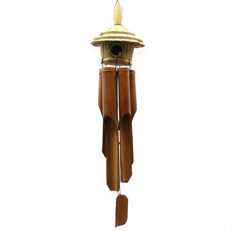 Grand nichoir rond en jonc de mer avec carillons 56 x 20 cm