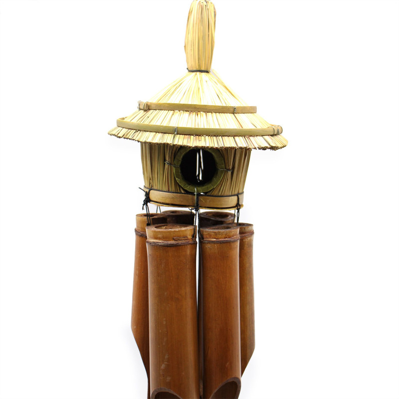 Grand nichoir rond en jonc de mer avec carillons 56 x 20 cm