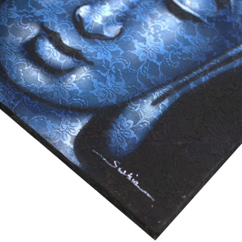 Peinture de Bouddha - Détail du brocart bleu