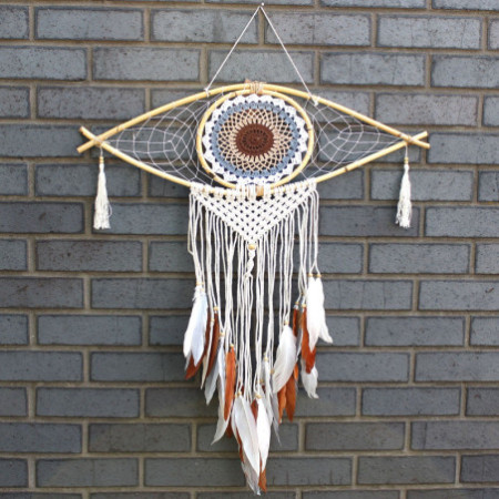 Capteur de rêves de protection - Grand œil en macramé blanc/gris/marron