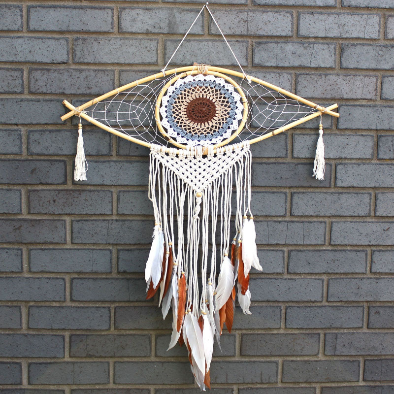 Capteur de rêves de protection - Grand œil en macramé blanc/gris/marron