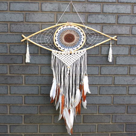 Capteur de rêves de protection - Grand œil en macramé blanc/gris/marron