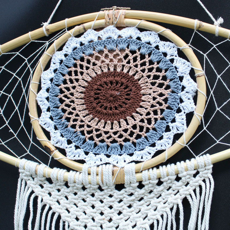 Capteur de rêves de protection - Grand œil en macramé blanc/gris/marron