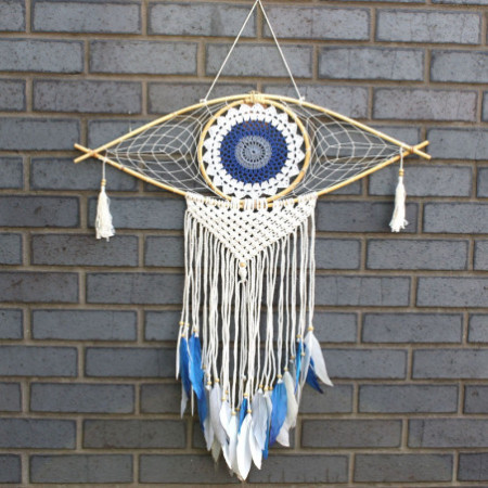 Capteur de rêves de protection - Grand œil en macramé blanc/bleu/gris