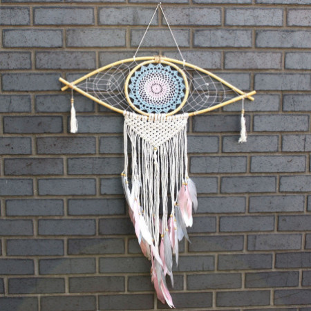 Capteur de rêves de protection - Grand œil en macramé bleu/blanc/rose