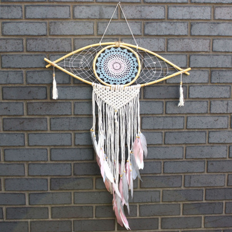 Capteur de rêves de protection - Grand œil en macramé bleu/blanc/rose