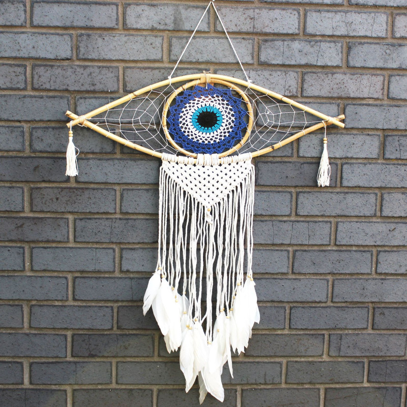 Capteur de rêves de protection - Grand macramé mauvais œil bleu/blanc/noir