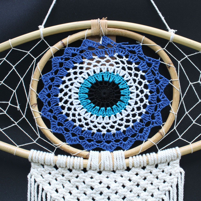 Capteur de rêves de protection - Grand macramé mauvais œil bleu/blanc/noir